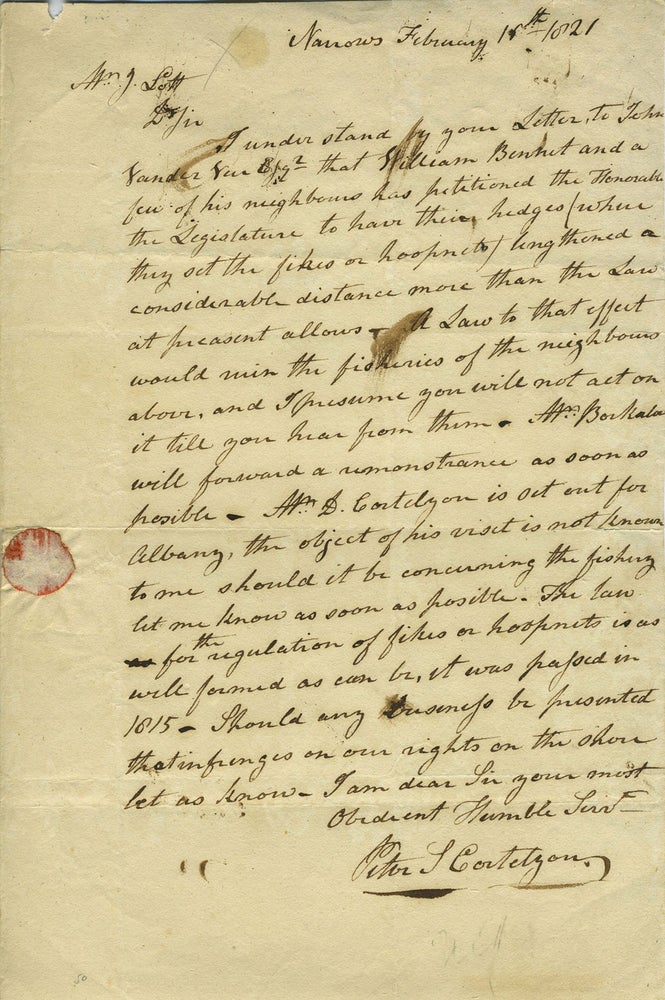 Item #17148 ALS concerning over fishing in the most important New York shad fishery up to that time; signed Peter L Cortelyou, Narrows, February 16th, 1821. New York Brooklyn, Peter Cortelyou.