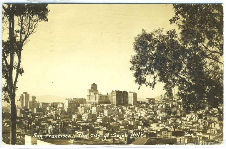 Item #17196 Real-Photo Postcard of Bird's Eye View of San Francisco, "The City of Seven Hills," California.