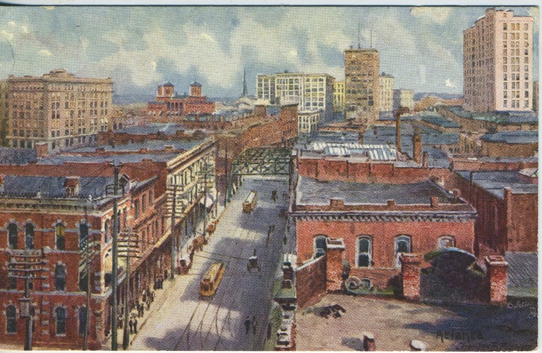 Item #17233 Postcard of Charles E. Flower Painting of Bird's Eye View of Atlanta. Charles E. Flower.