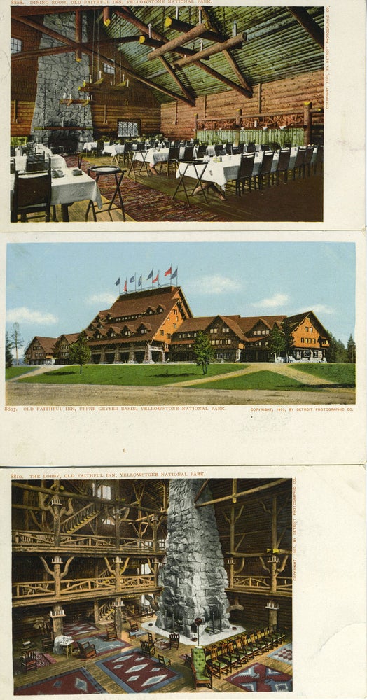 Item #17258 Three Postcards Showing Interior and Exterior of Old Faithful Inn, Yellowstone National Park, Wyoming.
