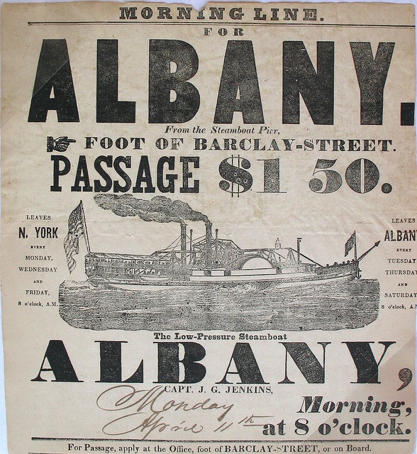 Item #17387 Morning Line for Albany. From the Steamboat Pier, Foot of Barclay-Street. Passage $1 50. The Low-Pressure Steamboat ALBANY, Capt. J.G. Jenkins. Steam boat Albany.