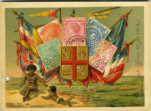 Item #17429 Bognard Paris trade card with Pacific islanders & Australian crest and stamps of colonies. Trade card.
