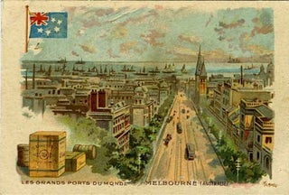 Item #17435 French trade card with fanciful view of Melbourne, Australia. Tanago
