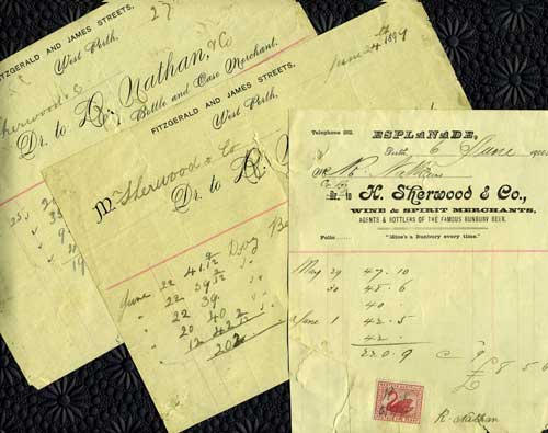 Item #17451 Trade Receipts for wine and beer from Perth, Australia merchants 'H. Sherwood & Co., Wine & Spirit Merchants' and 'D. Nathan & Co., Bottle and Case Merchant'. West Australia.