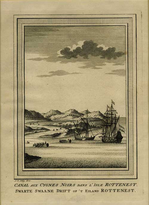 Item #17979 Canal Aux Cygnes Noirs dans l'Isle Rottenest. Swarte Swaane Drift oo't Eiland Rottenest. Johannes van Keulen, Jacobus, after. Van der Schley.