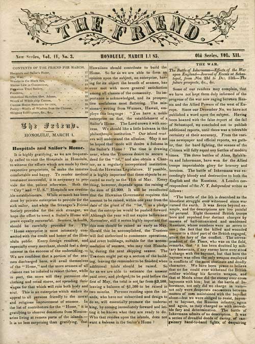 Item #17983 The Friend (newspaper) Honolulu, March 1855. Hawaii, Samuel Damon, C.