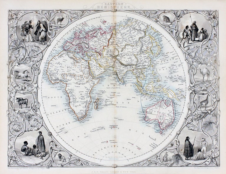 Item #18237 Eastern Hemisphere, antique map with vignette views. J. Tallis Rapkin, John.