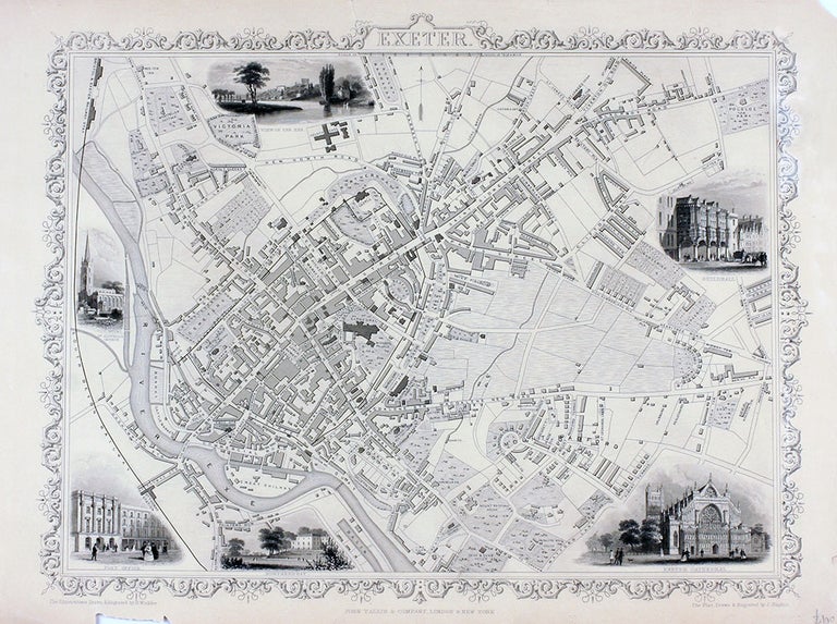 Item #18245 Exeter, antique map with vignette views. J. Tallis Rapkin, John.