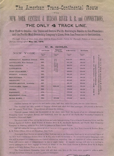 Item #18281 The American Trans-Continental Route via New York Central & Hudson River R. R. and Connections, the Only 4 Track Line. New York to Omaha; the Union and Central Pacific Railways, Omaha to San Francisco; and the Pacific Mail Steamship Company's Lines, from San Francisco to destination. New York Central, Hudson River R. R.