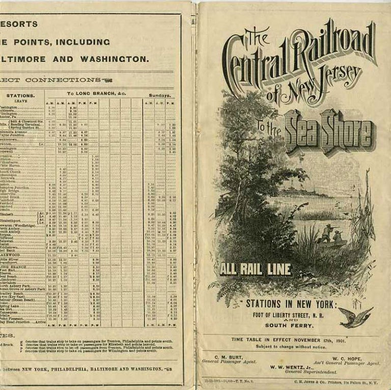 Item #18341 Central Railroad of New Jersey to the Sea Shore, time table.