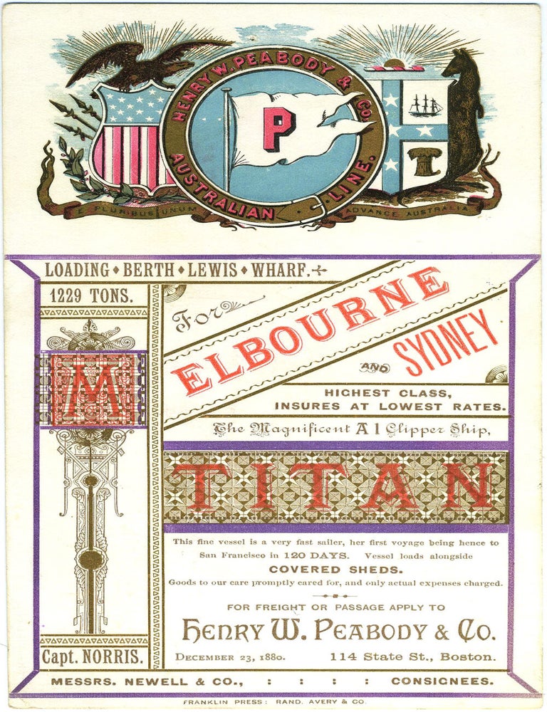 Item #18585 Clipper Ship Sailing Card. Titan. Boston to Melbourne and Sydney, dated December 23, 1880. Henry W. Peabody, Co.
