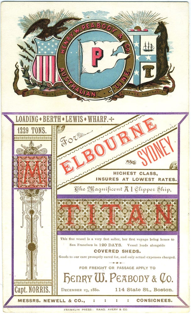 Item #18585 Clipper Ship Sailing Card. Titan. Boston to Melbourne and Sydney, dated December 23, 1880. Henry W. Peabody, Co.
