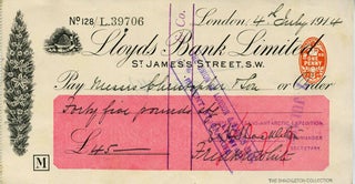 Item #18712 Autograph check from the "Endurance" Expedition, signed by Shackleton. Messrs....