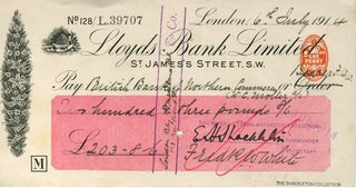 Item #18713 Autograph check from the "Endurance" Expedition, signed by Shackleton. Ernest H....