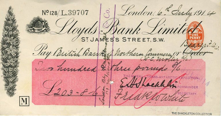 Item #18713 Autograph check from the "Endurance" Expedition, signed by Shackleton. Ernest H. Shackleton, W. C. Moller a/c, British Bank of Northern Commerce.