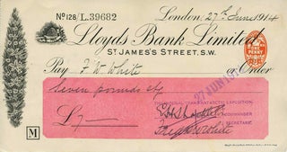 Item #18717 Autograph check from the "Endurance" Expedition, signed by Shackleton. Ernest H....