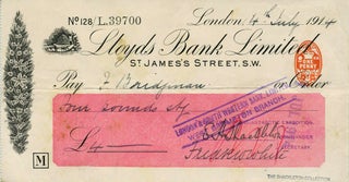 Item #18719 Autograph check from the "Endurance" Expedition, signed by Shackleton. Ernest H....