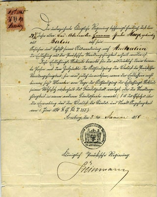 Item #18730 1878 Prussian Travel Document allowing Gunmann Haege to emigrate to Australia from...