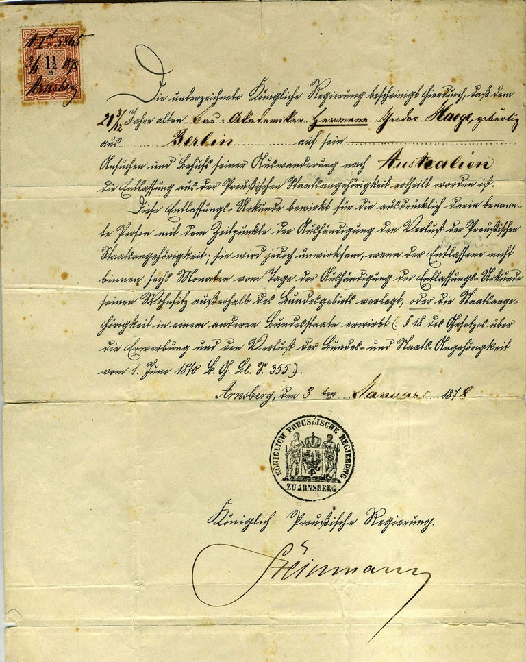 Item #18730 1878 Prussian Travel Document allowing Gunmann Haege to emigrate to Australia from Berlin. Australia, Passport.