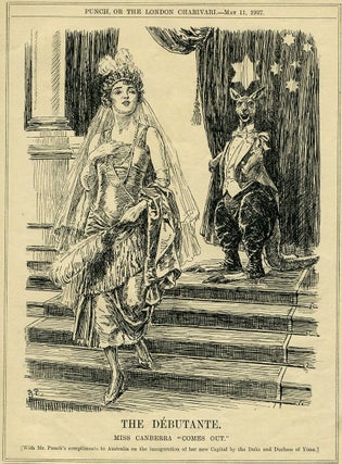 Item #18934 The Debutante. Miss Canberra "Comes Out". Wood block illustration. Kangaroo
