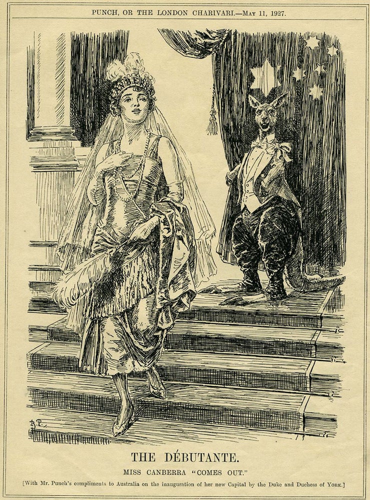 Item #18934 The Debutante. Miss Canberra "Comes Out". Wood block illustration. Kangaroo.