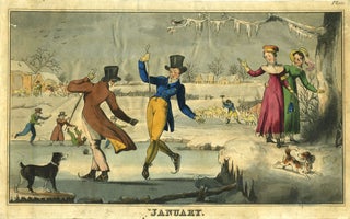 Item #19289 "January" color aquatint of Male Ice Skaters on Pond with Women and dogs looking on