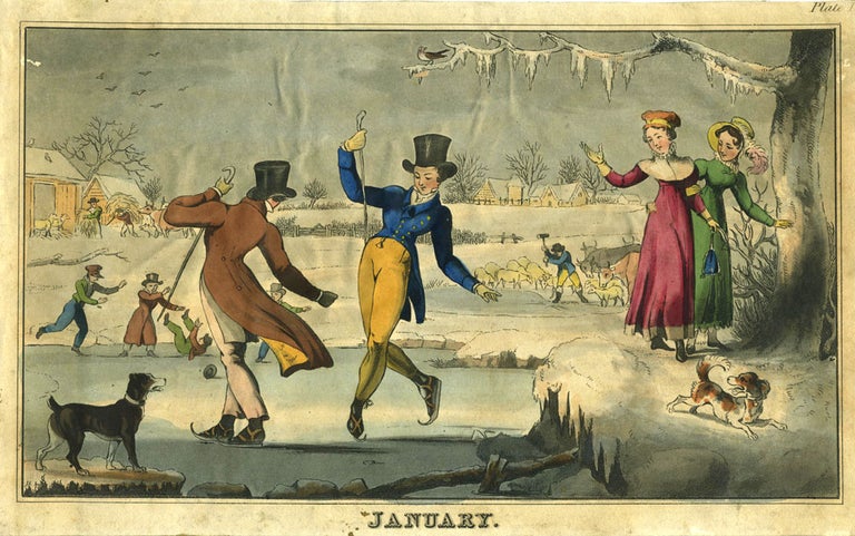 Item #19289 "January" color aquatint of Male Ice Skaters on Pond with Women and dogs looking on.