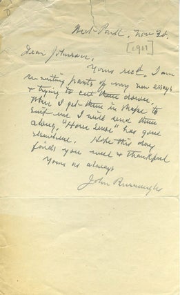 Item #19538 ALS from John Burroughs to Johnson, referring to essays he is editing and "Horse...