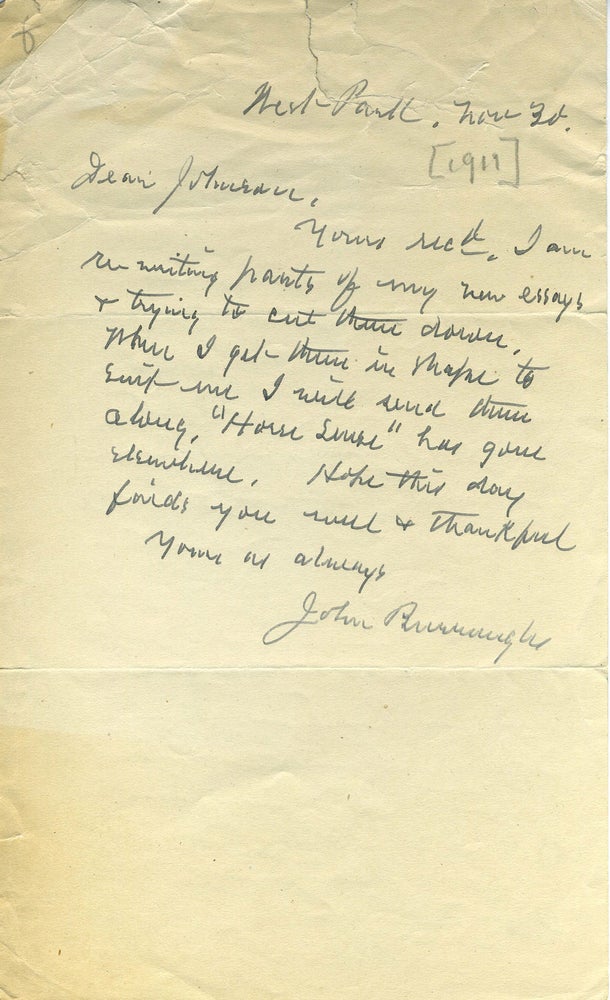 Item #19538 ALS from John Burroughs to Johnson, referring to essays he is editing and "Horse Sense" John Burroughs.