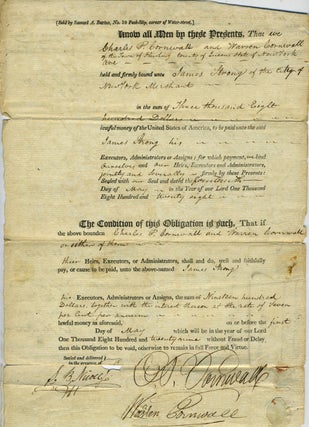 Item #19587 1829 Manuscript Obligations Binding Charles P. Cornwall and Warren Cornwall to James...