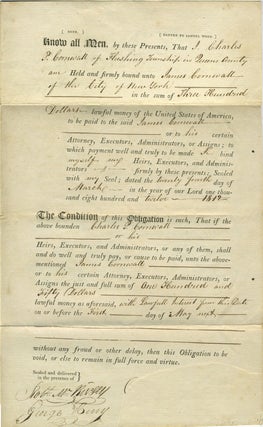 Item #19588 1812 Manuscript Obligations Binding Charles P. Cornwall to James Cornwall, Merchant...