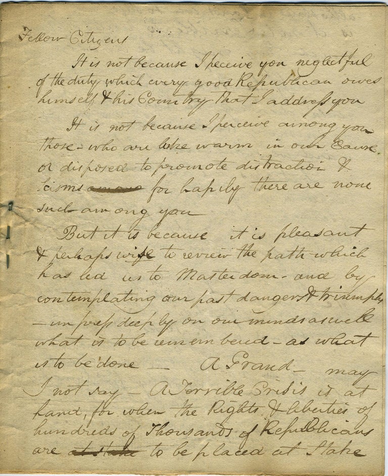 Item #19607 Contemporary manuscript speech for New York State Republican Party, concerning DeWitt Clinton [who] "we despise, oppose and denounce" Peter Buell Porter, possibly, New York State, Politics.