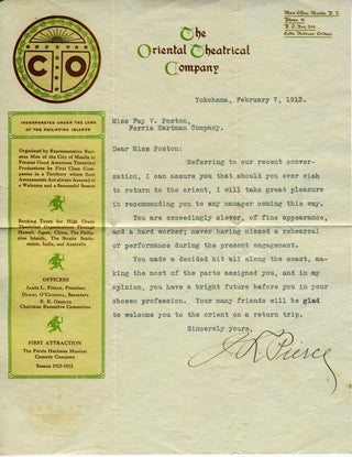 Item #19629 The Oriental Theatrical Company letter to performer with Ferris Hartman Company....