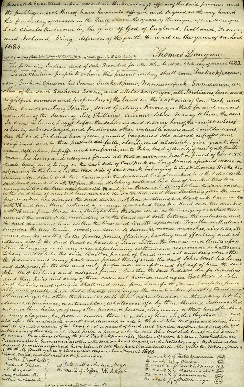 Hempstead Long Island Land Patent from Governor Thomas Dongan to John ...