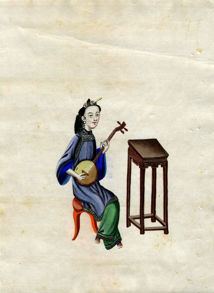 Item #19733 Hand painted Chinese Woman Musician - Girl with a Samisen.