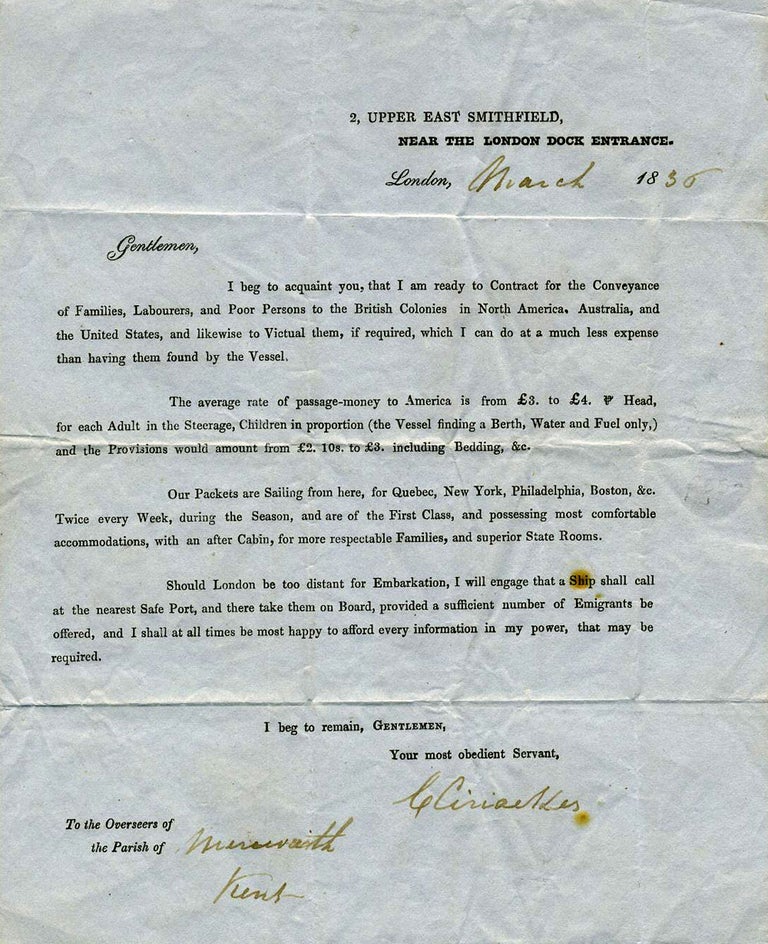 Item #19774 A form letter addressed "To the Overseers of the Parish of Mereworth, Kent" advertising cheap passages for "Families, Labourers, and Poor Persons" emigrating to Australia and the British colonies; "Shovelling out paupers" Australia, Emigration.