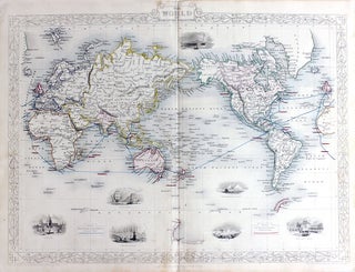 Item #19788 The World on Mercator's Projection, antique map with vignette views. J. Tallis...