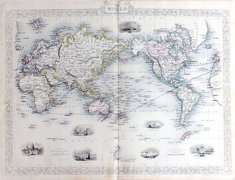 Item #19788 The World on Mercator's Projection, antique map with vignette views. J. Tallis Rapkin, John.