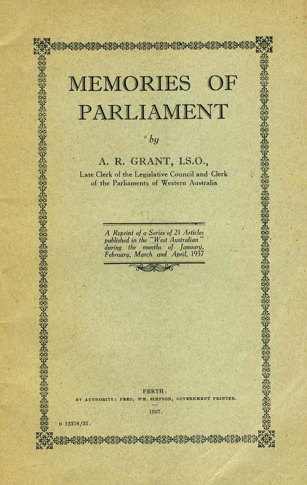 Item #19803 Memories of Parliament. Pamphlet. A. R. Grant, Alexander Ronald.