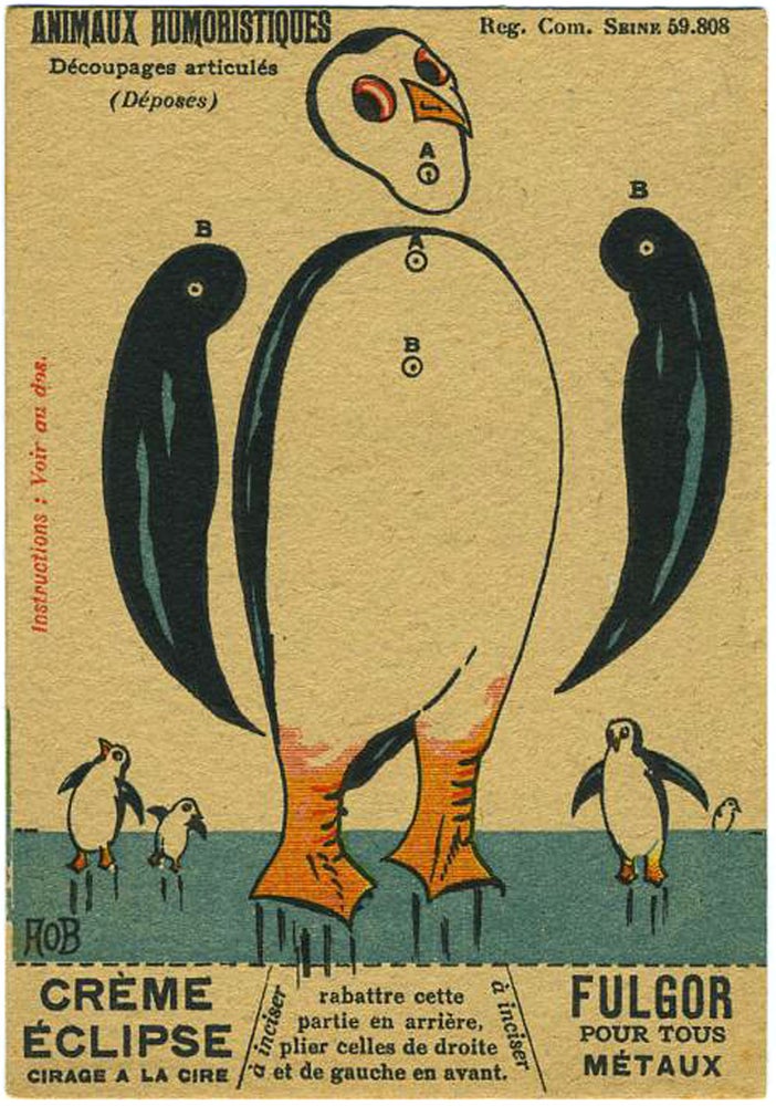 Item #19817 A penguin French advertising trade card, 'Animaux Humoristiques, Decoupages articules'. Antarctica.
