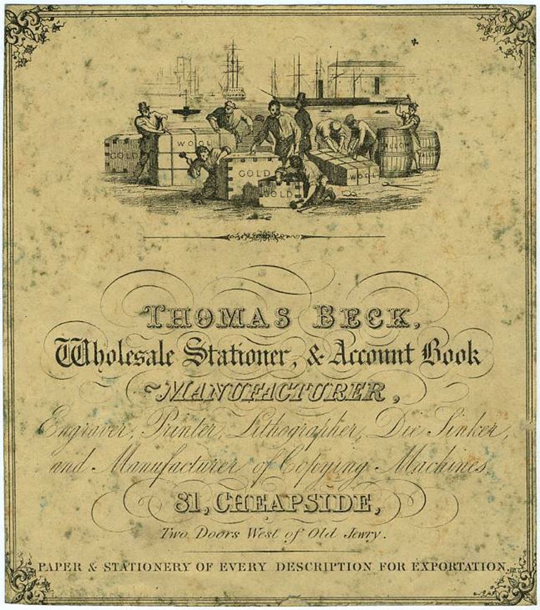 Item #19819 Account Book Label Advertising for Thomas Beck, Wholesale Stationer, & Account Book Manufacturer, with vignette of dock workers and boxes marked "Gold" and "Wool" Australia, Gold, Mining, Wool.
