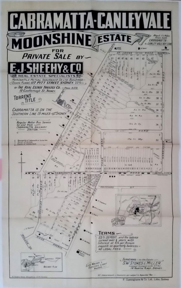 Item #19926 Cabramatta-Canley Vale Moonshine Estate for Private Sale by E.J. Sheehy & Co. with all lots available. Land subdivision poster.