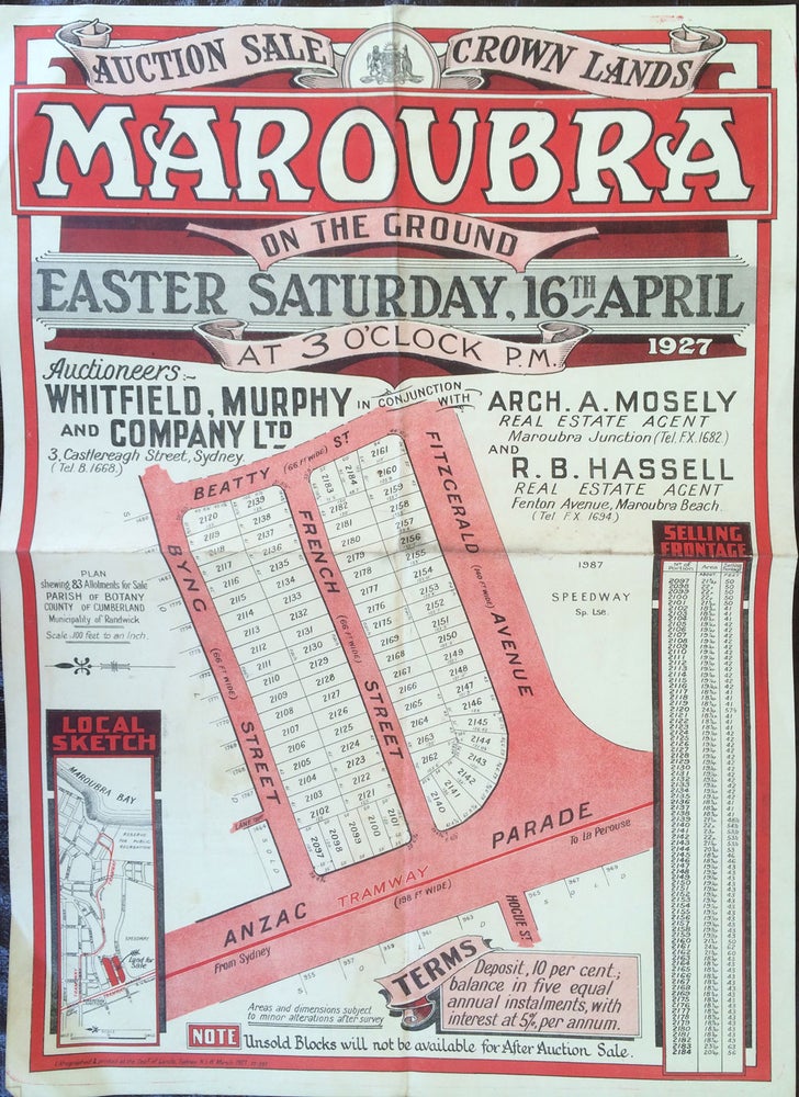 Item #19931 Auction Sale Crown Lands MAROUBRA. Land subdivision poster.