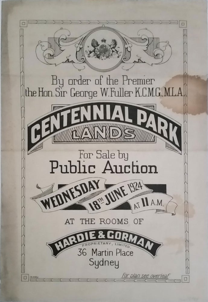 Item #19934 Auction Sale Crown Lands CENTENNIAL PARK LANDS. Land subdivision poster.