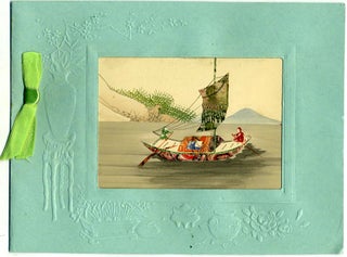 Item #19939 Chinese embossed Christmas card, with cut stamp montage on a watercolor landscape. China