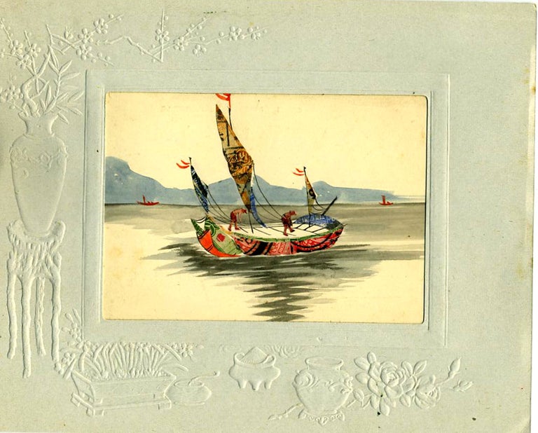 Item #19940 Chinese embossed Christmas card, with cut stamp montage on a watercolor landscape. China.