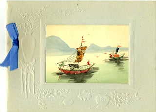 Item #19941 Chinese embossed Christmas card, with cut stamp montage on a watercolor landscape. China