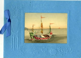 Item #19942 Chinese embossed Christmas card, with cut stamp montage on a watercolor landscape. China