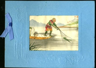 Item #19943 Chinese embossed Christmas card, with cut stamp montage on a watercolor landscape. China