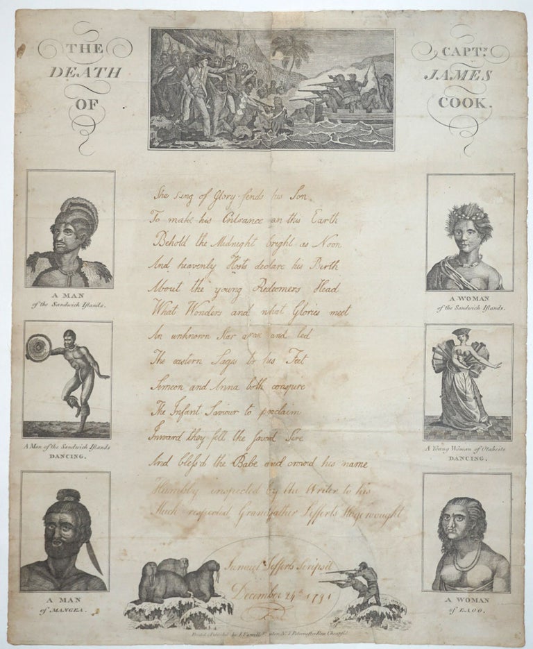 Item #19945 The Death of Captn. James Cook. 1791 'Christmas Piece' Broadside dedicated to Lefferts Hagewought by his grandson Samuel Lefferts, early Dutch residents of New York. Captain James Cook, Samuel. Lefferts Hagewout Lefferts.